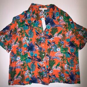 JANE DELANCEY Tropical Parrot Floral Button Up Shirt Women's Large Orange